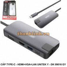 Bộ chia/ Hub Type-C ==> HDMI +VGA+LAN Unitek Y-DK 09016 GY