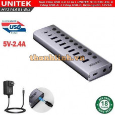 Hub Chia USB 3.0 10 in 1 UNITEK H1315B1-EU, 8 Cổng USB-A, 2 Cổng USB-C, Kèm nguồn 12V3A 36W
