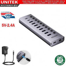 Hub Chia USB 3.0 10 in 1 UNITEK H1315B1-EU, 8 Cổng USB-A, 2 Cổng USB-C, Kèm nguồn 12V3A 36W