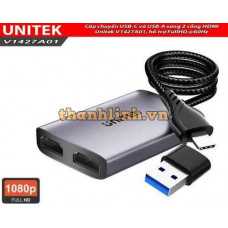 Cáp chuyển USB-C và USB-A sang 2 cổng HDMI Unitek V1427A01, hỗ trợ FullHD @60Hz