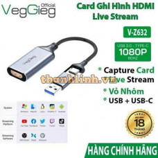 Card ghi hình HDMI to USB và USB-C VegGieg V-Z632, hỗ trợ LiveStream 1080P@30Hz