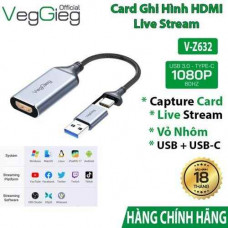 Card ghi hình HDMI to USB và USB-C VegGieg V-Z632, hỗ trợ LiveStream 1080P@30Hz